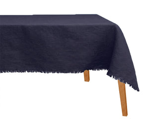 blue granite linen tablecloth with pin-tucked border styled for elegant wedding table setting