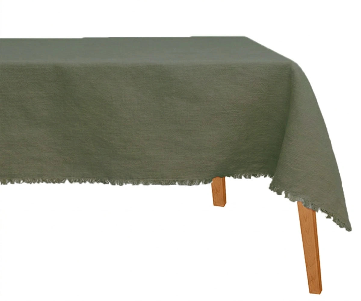 Grey green linen tablecloth made from breathable 100% European flax linen for modern dining decor