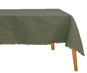 Grey green linen tablecloth made from breathable 100% European flax linen for modern dining decor