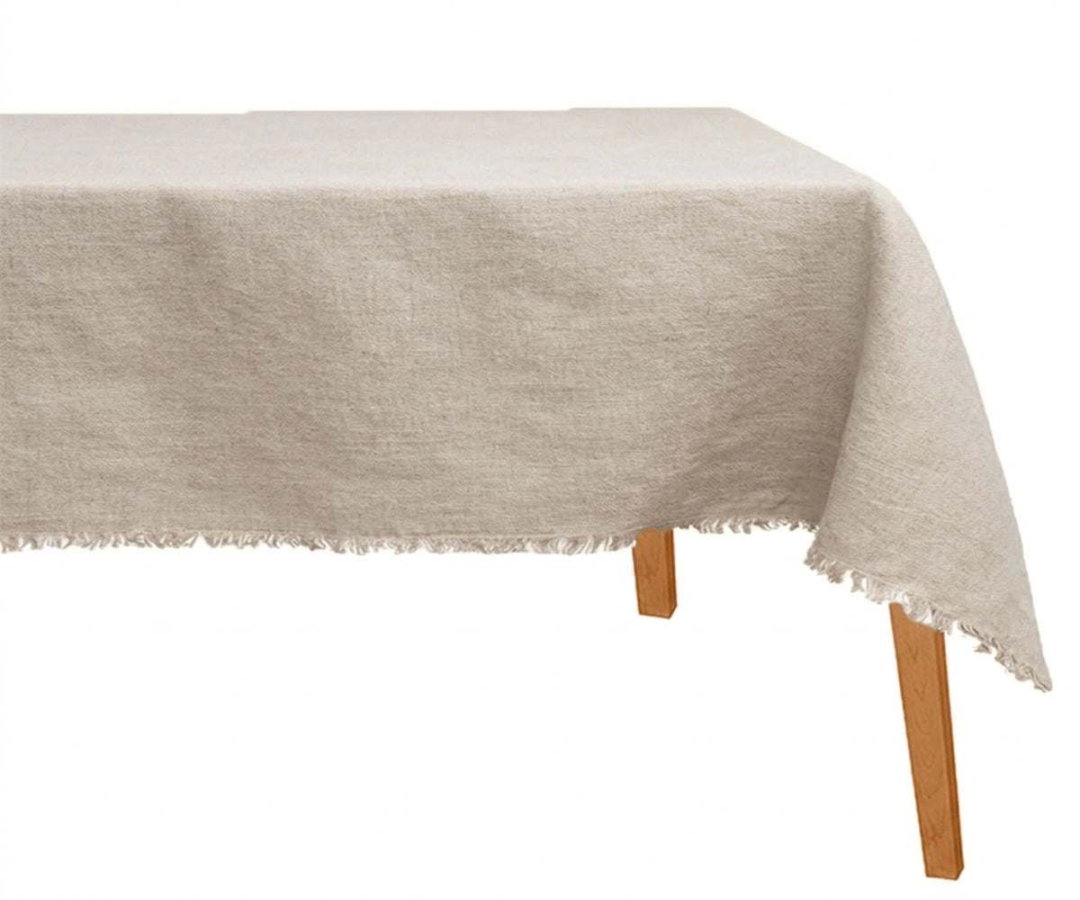 Undyed natural 100% European linen tablecloth styled for everyday dining and boho decor
