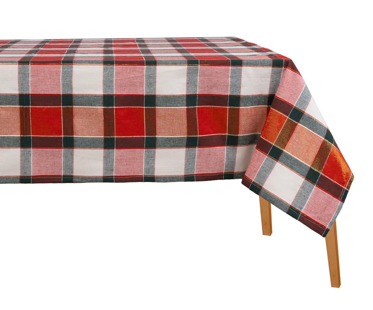 Classic red tartan plaid cotton tablecloth with black and white checks for rustic decor