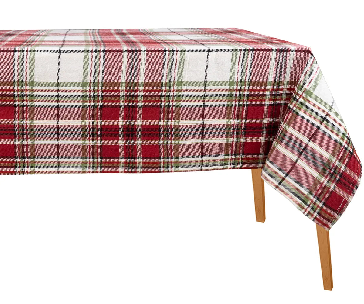 Red tartan plaid cotton rectangle tablecloth with green, white, and black checks for dining table