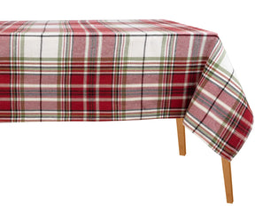 Red tartan plaid cotton rectangle tablecloth with green, white, and black checks for dining table