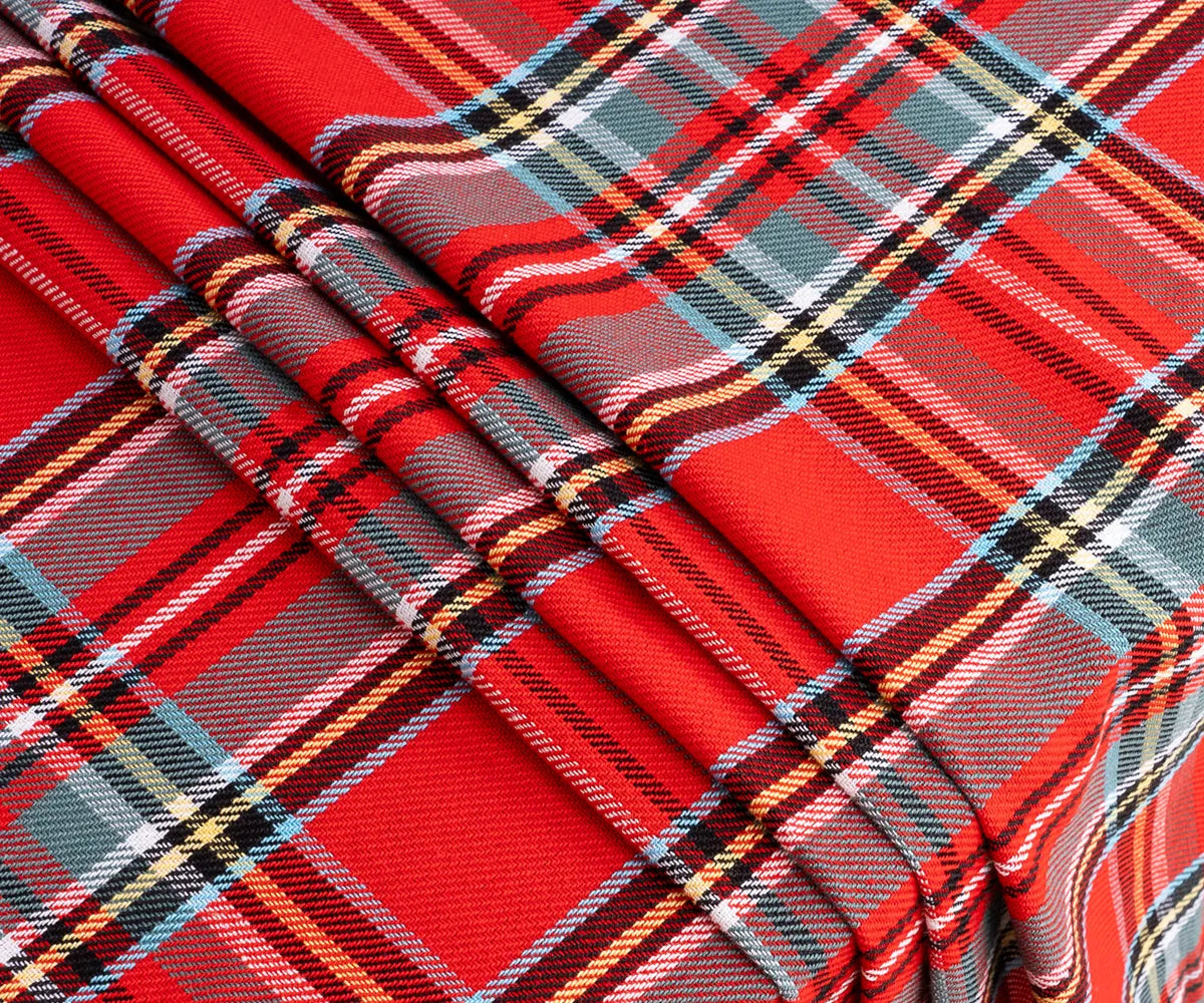 Traditional Scottish-style red plaid tablecloth perfect for Christmas dinners and family gatherings