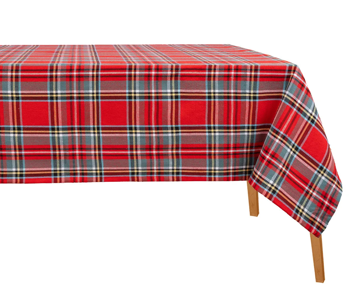 Red tartan plaid cotton rectangle tablecloth with green, navy, and yellow checks for dining table