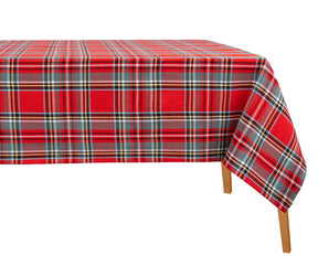 Red tartan plaid cotton rectangle tablecloth with green, navy, and yellow checks for dining table