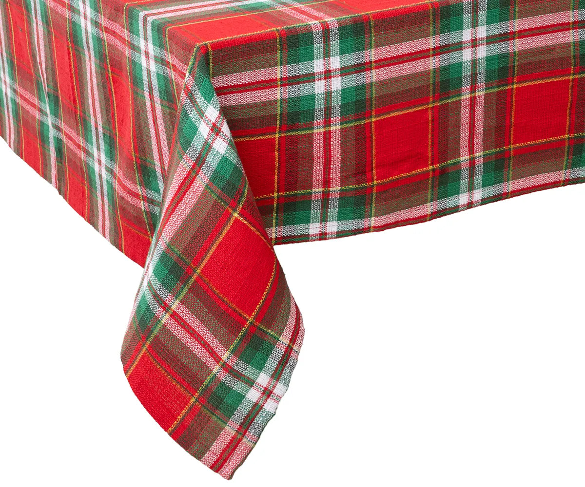 Festive plaid cotton tablecloth with green, red, and yellow check pattern for Christmas decor