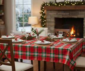 Classic red and green tartan tablecloth made from 100% cotton for holiday dining