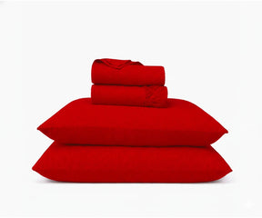 Red European Linen Duvet Cover Set featuring deep-pocket fitted sheet and matching pillowcases