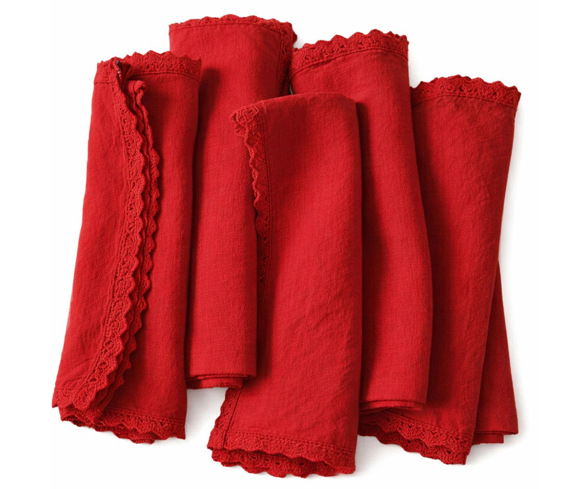 Red linen crochet napkins with crochet detailing