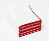 White and red cotton napkins with elegant edge trim, reusable cloth dinner napkins for holiday gatherings, weddings, and everyday dining