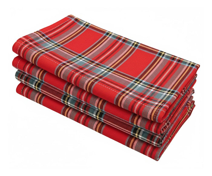 Red tartan plaid cotton napkins with green, navy, and yellow checks for Christmas table