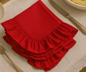 Red cotton ruffle edge dinner napkins, reusable and washable cloth napkins for weddings, parties, holidays, and everyday dining table décor.