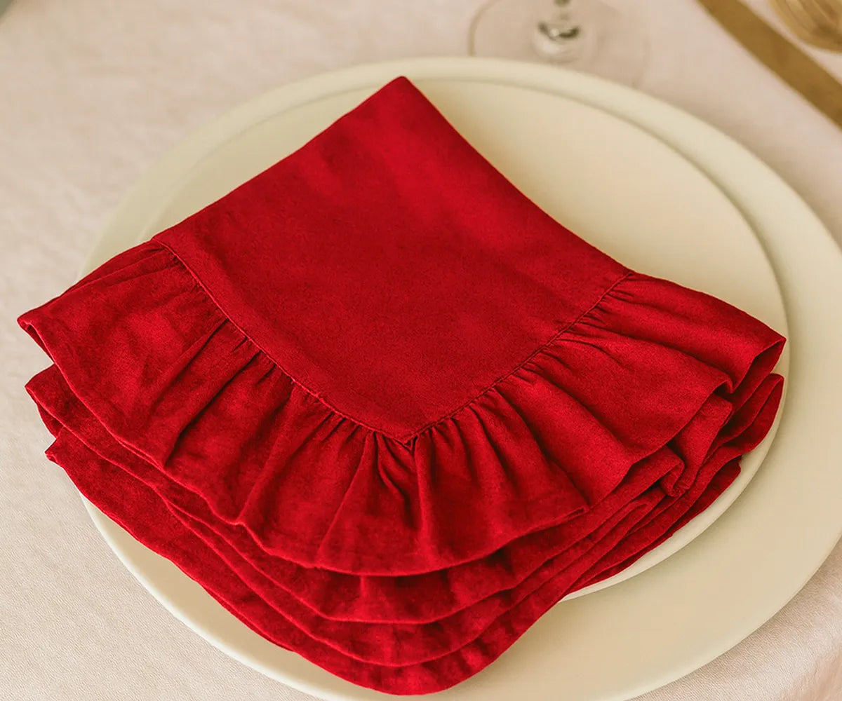 Set of 100% cotton red ruffled cloth napkins, soft and durable fabric napkins available in bulk or small sets, perfect for rustic farmhouse, festive, or elegant table settings.