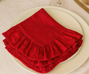 Set of 100% cotton red ruffled cloth napkins, soft and durable fabric napkins available in bulk or small sets, perfect for rustic farmhouse, festive, or elegant table settings.