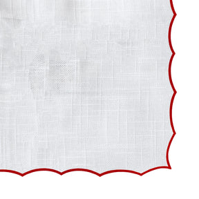 Red scalloped design, ideal as a cotton Christmas tablecloth or festive dining table setting.