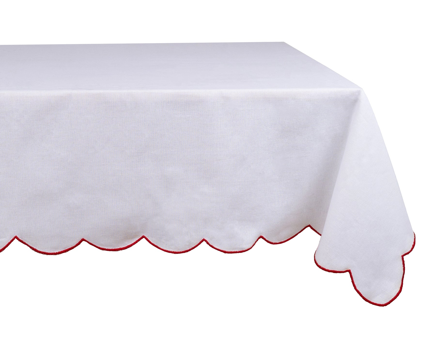 Elegant red cotton tablecloth with embroidered scalloped edges styled on a festive dining table.