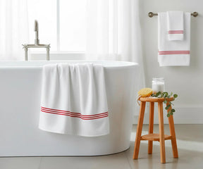 Soft Cotton Red and White Bathroom Towel – premium-quality striped bath towel with superior absorbency and long-lasting color brilliance; machine washable and perfect for modern bathroom décor.