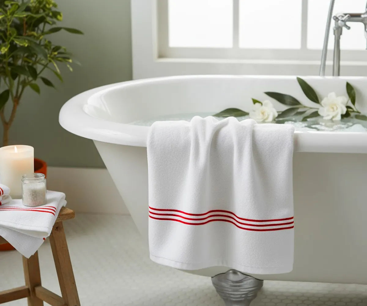 Large Red and White Cotton Bath Towel 30x60 Inches – plush and durable striped bath towel offering full coverage and quick-drying comfort; ideal for bathrooms, spas, and everyday use.
