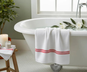 Large Red and White Cotton Bath Towel 30x60 Inches – plush and durable striped bath towel offering full coverage and quick-drying comfort; ideal for bathrooms, spas, and everyday use.