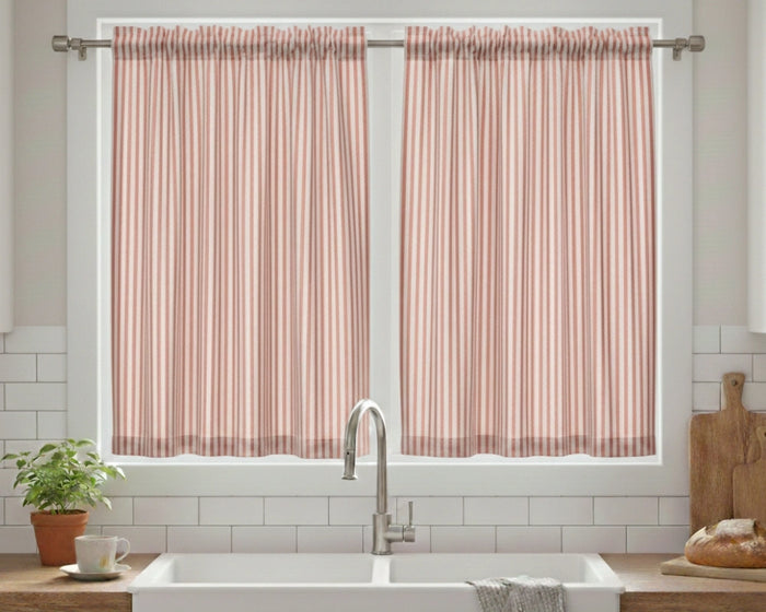 Red striped linen kitchen window curtains, natural woven linen fabric
Farmhouse linen café curtains for kitchen sink windows