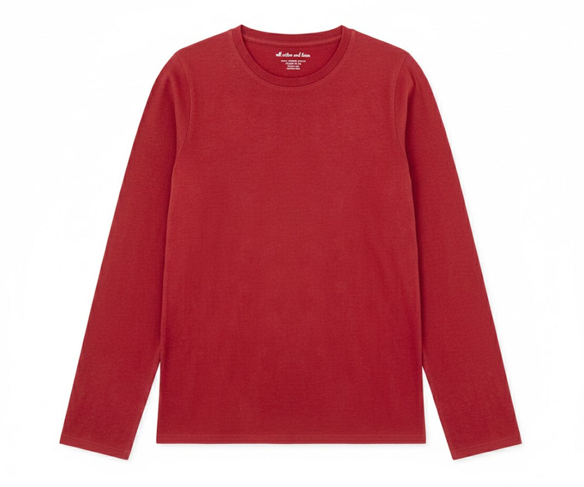 Women's red long sleeve t-shirt with crew neck, slim fit.