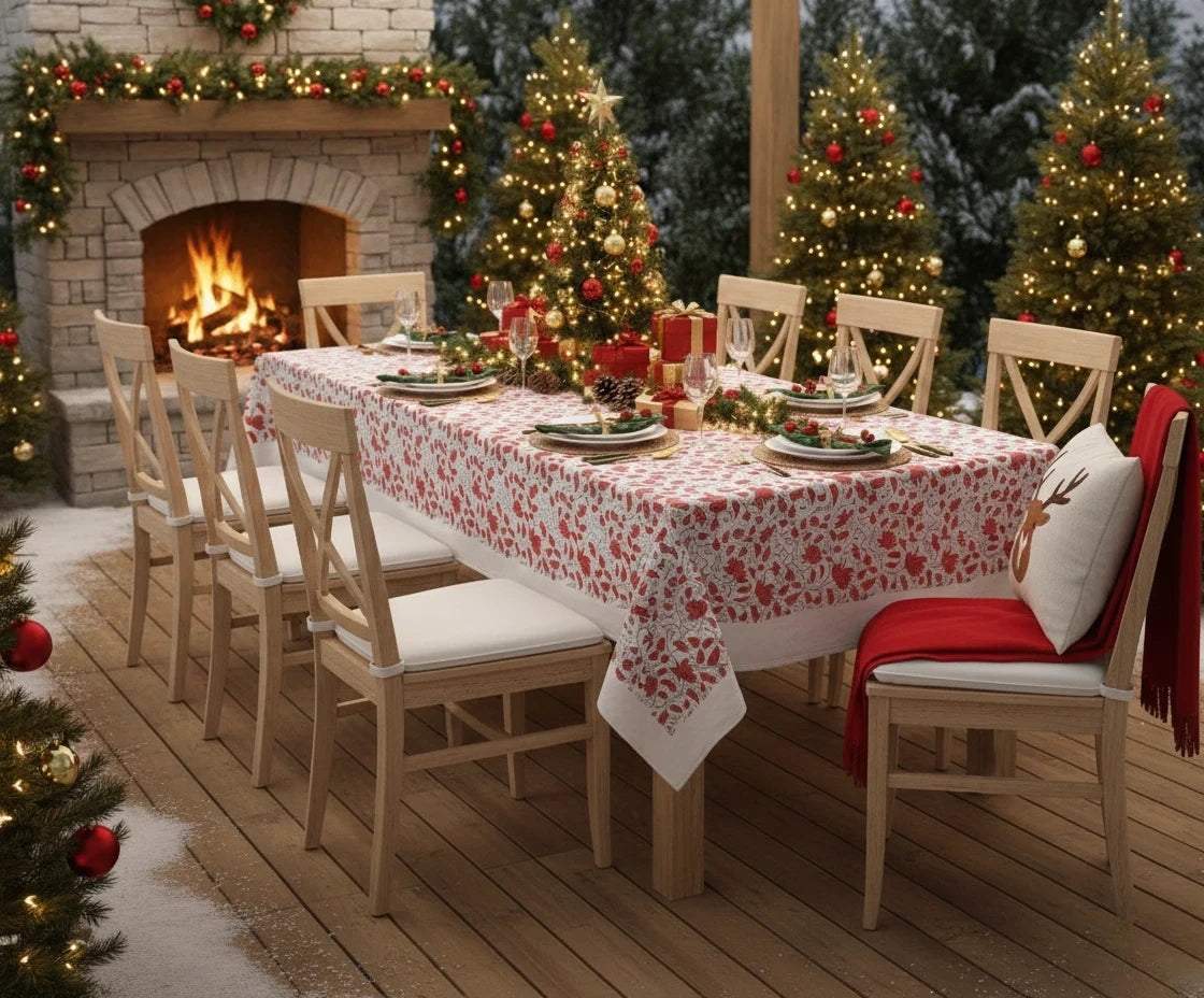 Red floral tablecloth on dining table – cotton cloth table cover with elegant flower print.