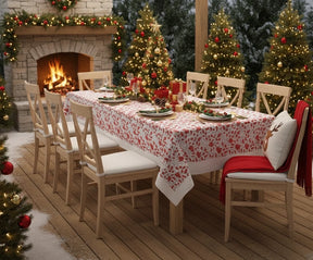 Red floral tablecloth on dining table – cotton cloth table cover with elegant flower print.