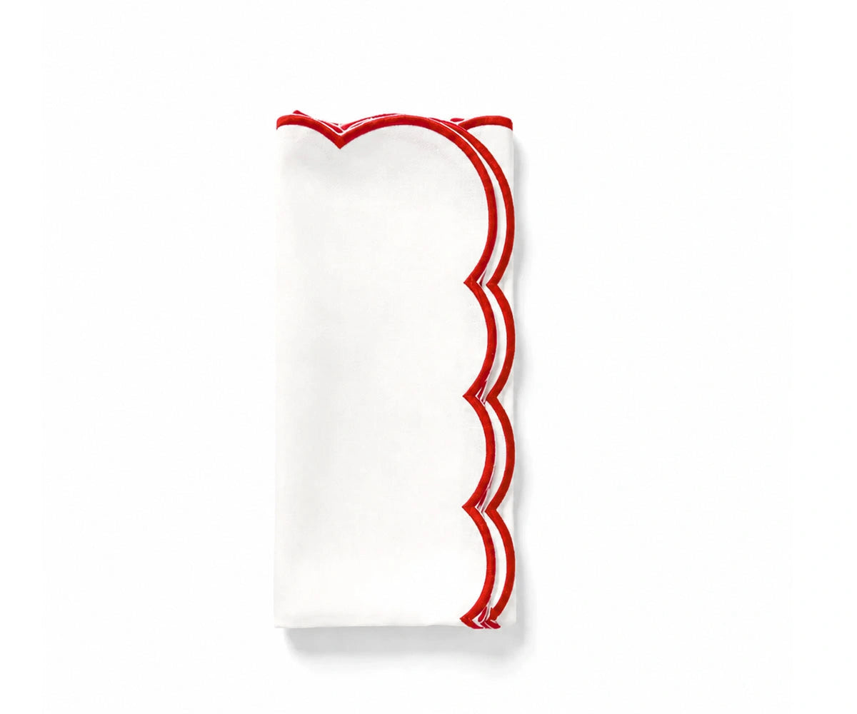 White cotton napkins with red scalloped edges, soft, durable, reusable cloth napkins, perfect for holiday meals or everyday dining.