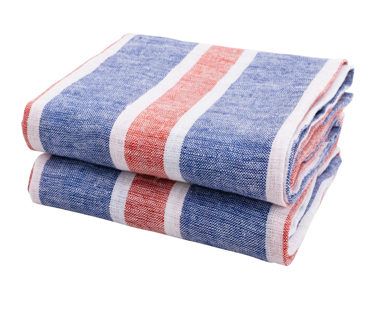 Set of 2 red, white, and blue striped linen dish towels, 18x28 inches – absorbent kitchen tea towels with farmhouse style.