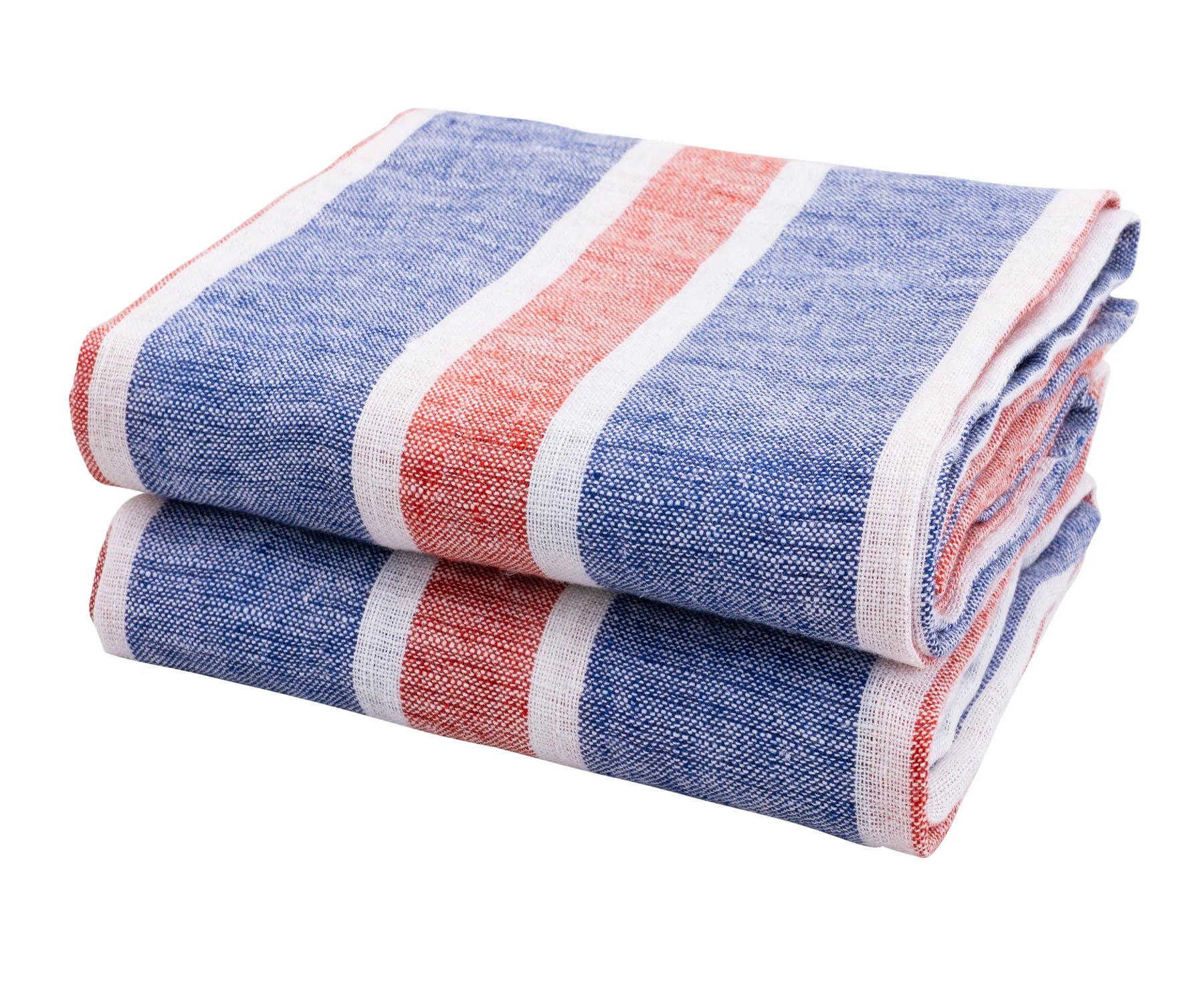 Set of 2 red, white, and blue striped linen dish towels, 18x28 inches – absorbent kitchen tea towels with farmhouse style.