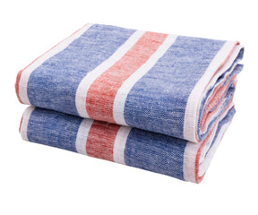 Set of 2 red, white, and blue striped linen dish towels, 18x28 inches – absorbent kitchen tea towels with farmhouse style.