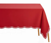 Red cotton rectangle tablecloth with white embroidered scalloped edges, soft and durable, perfect for family dinners, brunches, and festive gatherings.