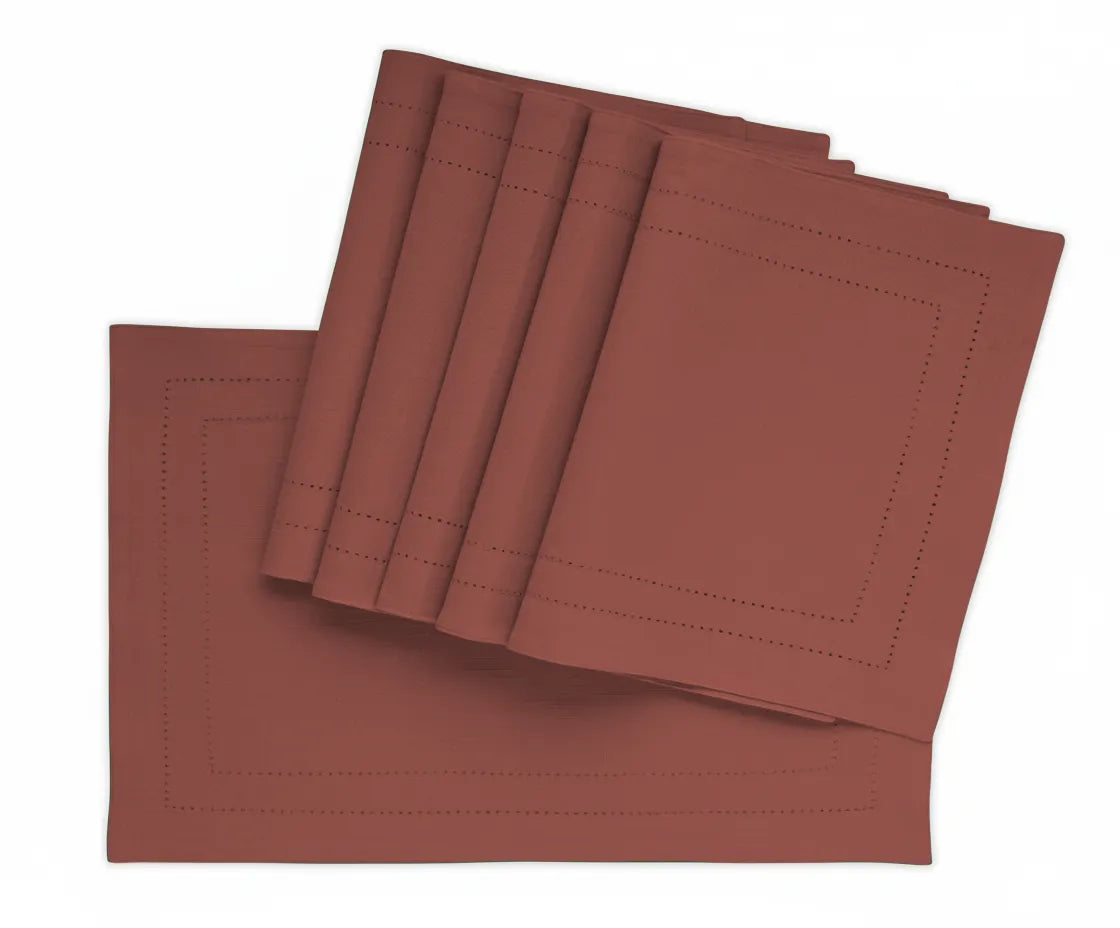 Washable rosewood cotton table placemats with elegant hemstitch design