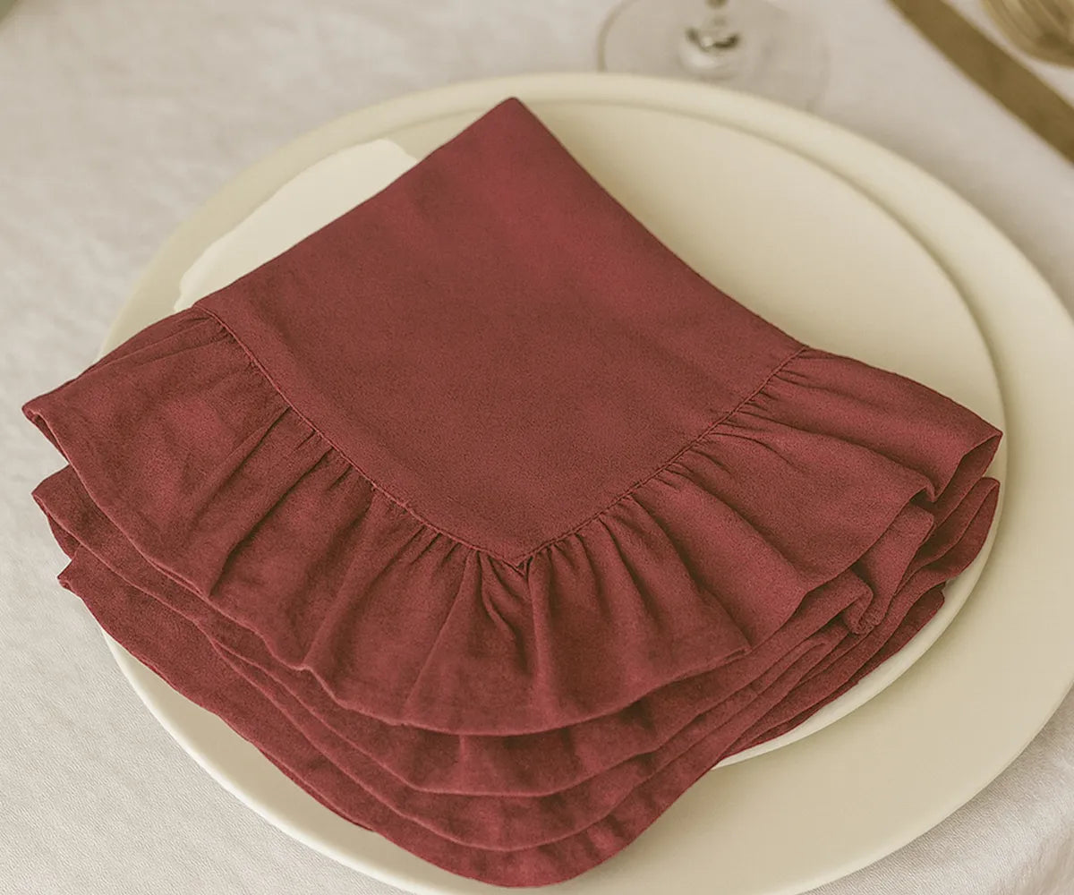 Set of 100% cotton rosewood ruffled cloth napkins, eco-friendly and durable fabric napkins available in bulk or small sets, perfect for everyday meals and festive gatherings.