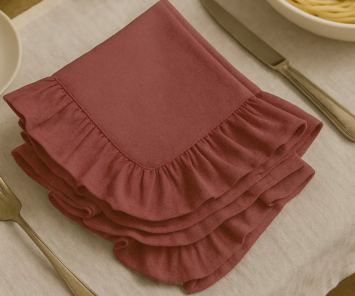 Rosewood cotton ruffle edge dinner napkins, reusable and washable cloth napkins for weddings, holidays, family dinners, and rustic farmhouse dining table décor.