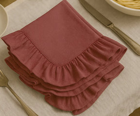 Rosewood cotton ruffle edge dinner napkins, reusable and washable cloth napkins for weddings, holidays, family dinners, and rustic farmhouse dining table décor.