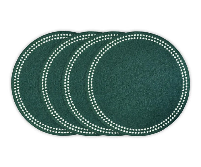 Green cotton round placemats with embroidered dot trim – set of 4