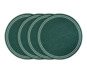 Green cotton round placemats with embroidered dot trim – set of 4