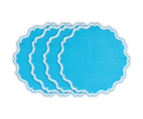 Turquoise blue cotton round placemat with scalloped edge for dining table décor