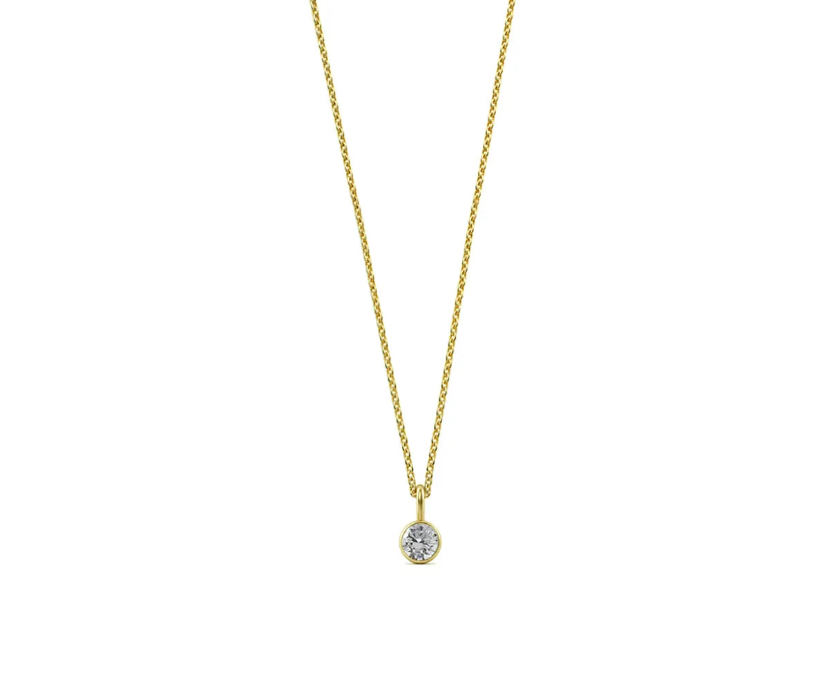 Gold round pendant necklace with 5mm cubic zirconia, A perfect diamond alternative, this cubic zirconia necklace offers luxury sparkle at an affordable price.