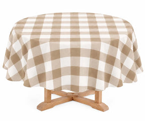 Round Beige and White Gingham Plaid Linen Tablecloth draped on wooden pedestal base
