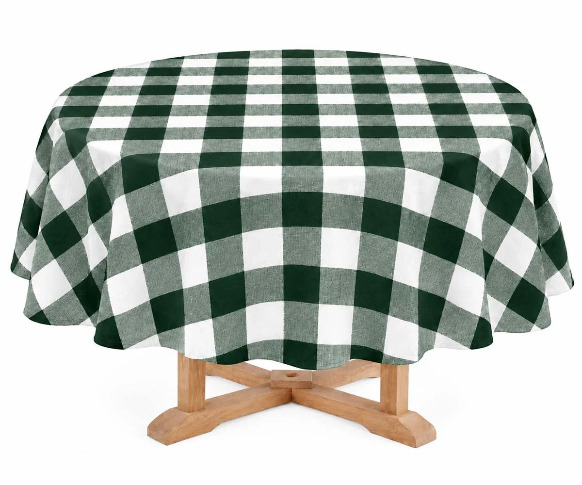 Round Plaid Linen Tablecloth in  Green and White