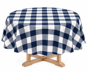 Round Plaid Linen Tablecloth in Navy blue and White