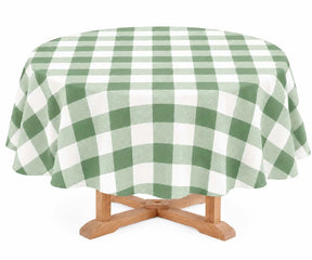 Round Plaid Linen Tablecloth in Sage Green and White