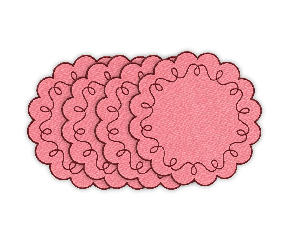 Soft pink cotton placemat with scalloped edges, 15-inch round design for elegant dining, weddings, and bridal showers