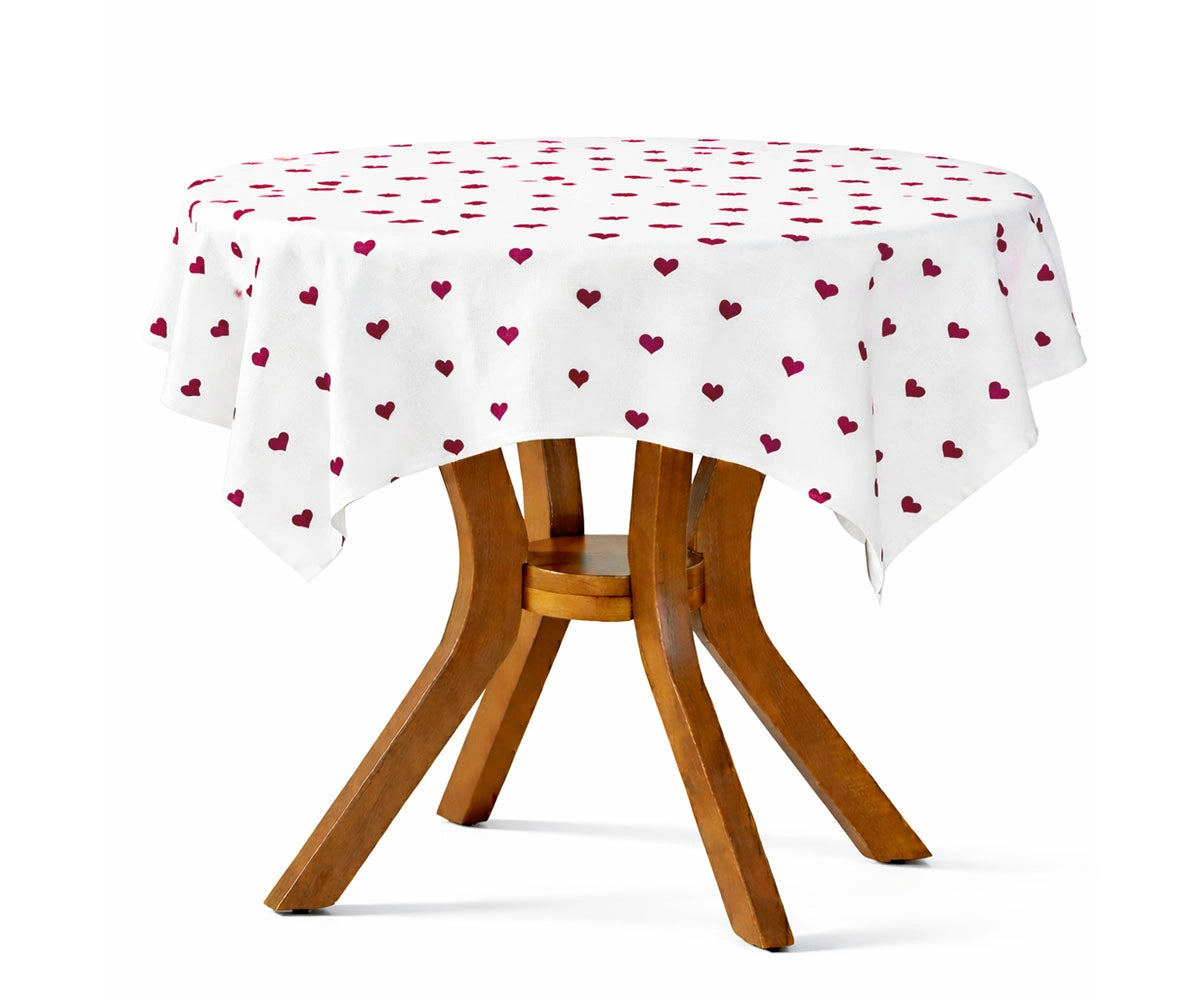 Wine red heart embroidery cotton round tablecloth for luxury romantic dining and festive table settings