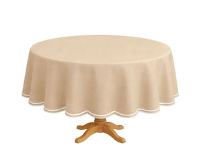 Round cotton tablecloth with an elegant scalloped edge, crafted from 100% premium cotton for a smooth, graceful drape on dining tables. This classic round tablecloth suits everyday meals and special occasions, making it ideal for dining rooms, brunches, weddings, holiday gatherings, and coordinated table décor.