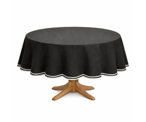 Elegant round cotton tablecloth featuring a timeless scalloped border, designed from 100% natural cotton for durability and refined texture. This versatile tablecloth enhances modern, traditional, and farmhouse interiors, perfect for daily dining, entertaining guests, celebrations, weddings, and seasonal table settings.