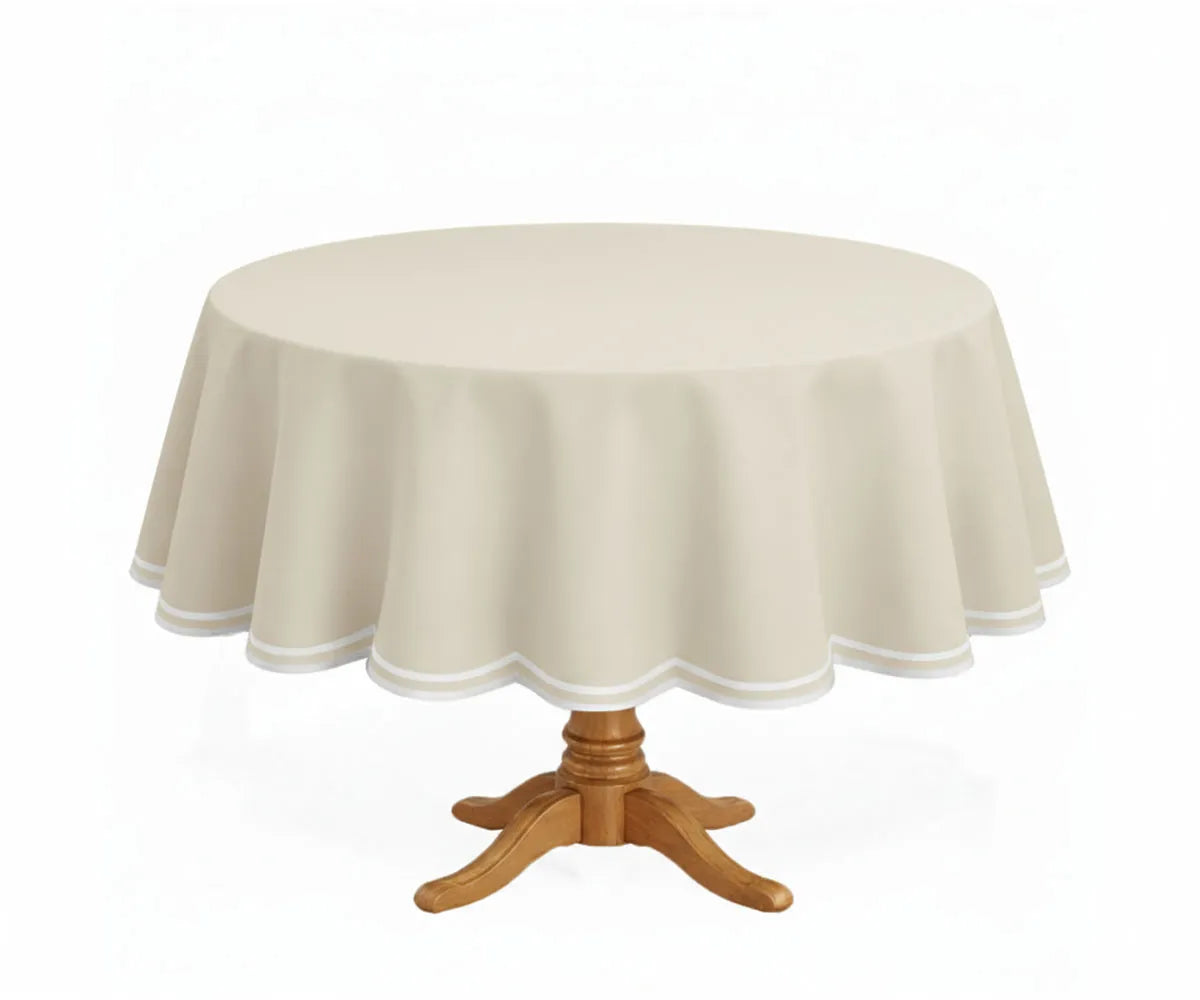 Classic round tablecloth made from 100% cotton, featuring a decorative scalloped edge for subtle elegance. Designed to fit standard round dining tables, this durable and machine-washable tablecloth is ideal for everyday use, family meals, dinner parties, weddings, and special occasions.